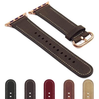 DASSARI Vintage Leather Strap for Apple Watch w Rose Gold Buckle