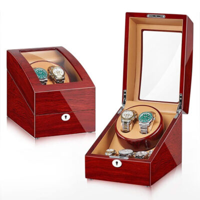 Wood Grain Watch Winder with Storage for 2 Watches