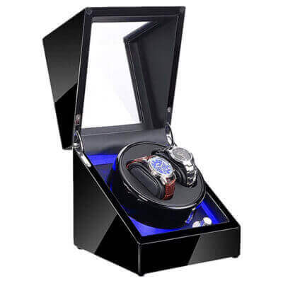 Piano Black Watch Winder with LED Lights for 2 Watches