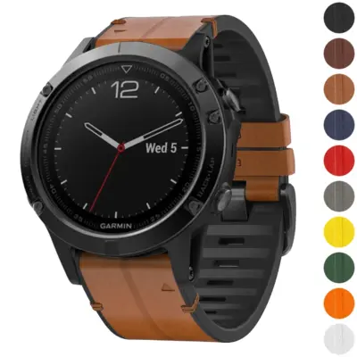 f5.g.r73a Gallery Coffee StrapsCo Leather Hybrid Strap QuickFit 22 Watch Band for Garmin Fenix 5 & 5 Plus