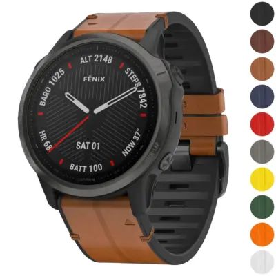 f6.g.r73a Gallery Coffee StrapsCo Leather Hybrid Strap QuickFit 22 Watch Band for Garmin Fenix 6