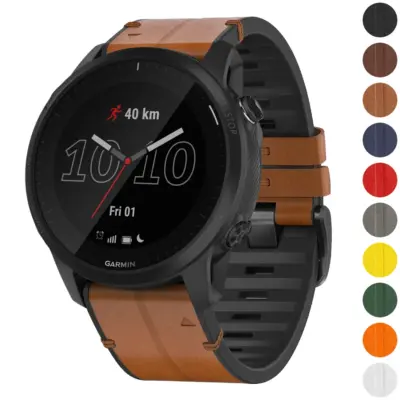 f945.g.r73a Gallery Coffee StrapsCo Leather Hybrid Strap QuickFit 22 Watch Band for Garmin Forerunner 945