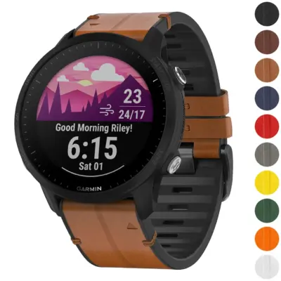 f955.g.r73a Gallery Coffee StrapsCo Leather Hybrid Strap QuickFit 22 Watch Band for Garmin Forerunner 955