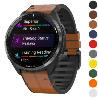 f965.g.r73a Gallery Coffee StrapsCo Leather Hybrid Strap QuickFit 22 Watch Band for Garmin Forerunner 965