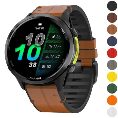 f970.g.r73a Gallery Coffee StrapsCo Leather Hybrid Strap QuickFit 22 Watch Band for Garmin Forerunner 970