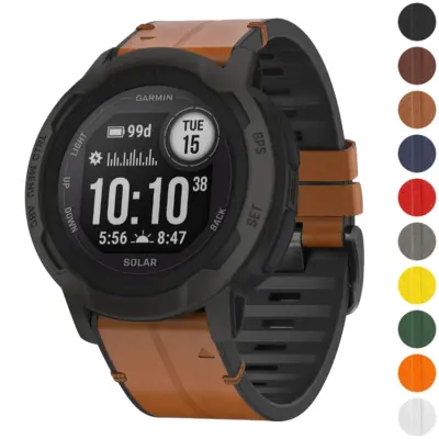 i2.g.r73a Gallery Coffee StrapsCo Leather Hybrid Strap QuickFit 22 Watch Band for Garmin Instinct 2