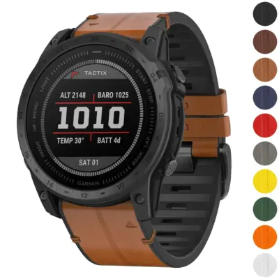 t7.g.r65a Gallery Coffee StrapsCo Leather Hybrid Strap QuickFit 26 Watch Band for Garmin Tactix 7