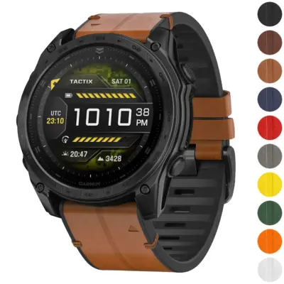 t8.g.r65a Gallery Coffee StrapsCo Leather Hybrid Strap QuickFit 26 Watch Band for Garmin Tactix 8 – 51mm