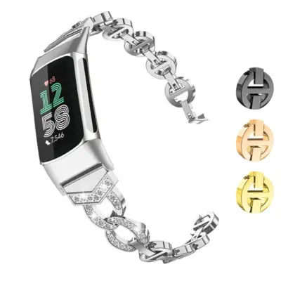 fb.m157 GALLERY Silver strapsco Rhinestone Circle Link Bracelet for Fitbit Charge 5
