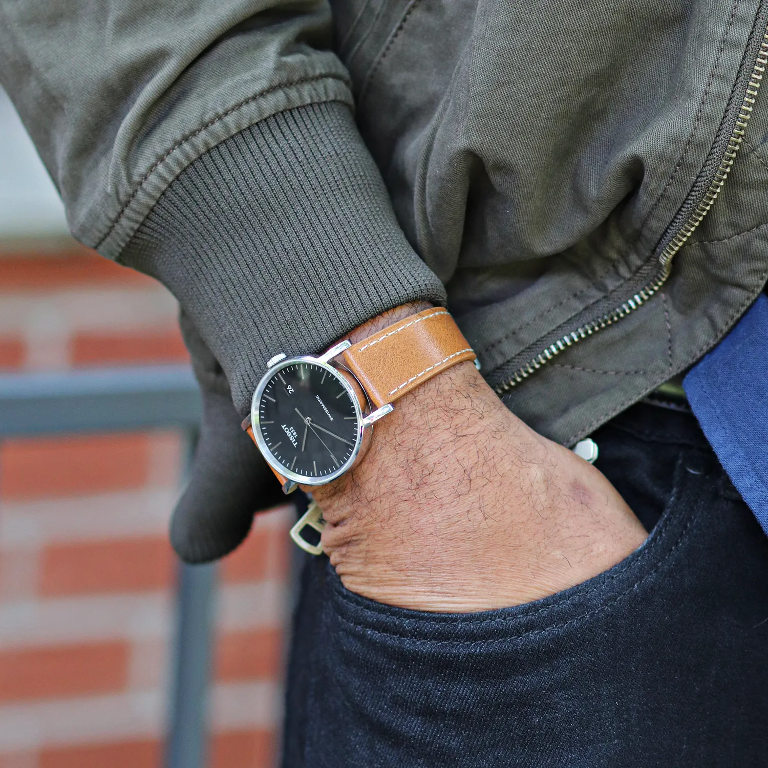 Heritage leather watch strap shown in a lifestyle photo