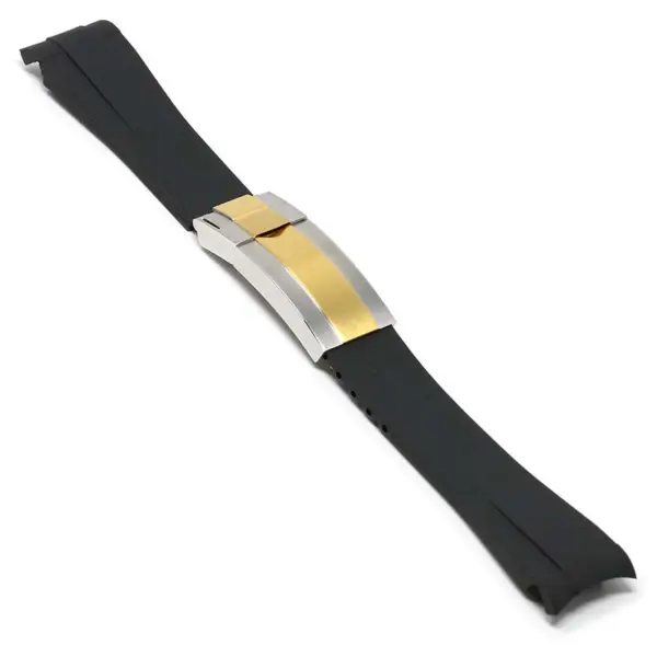 R.rx1.1.ss.yg Main Black (Silver & Yellow Gold Clasp) StrapsCo Silicone Rubber Replacement Watch Band Strap For Rolex With Curved Ends