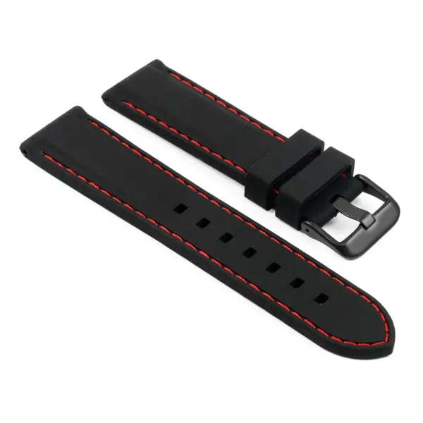 pu1.1.6.mb Rubber Strap with Contrast Stitching with Matte Black Tang Buckle in black with red stitching