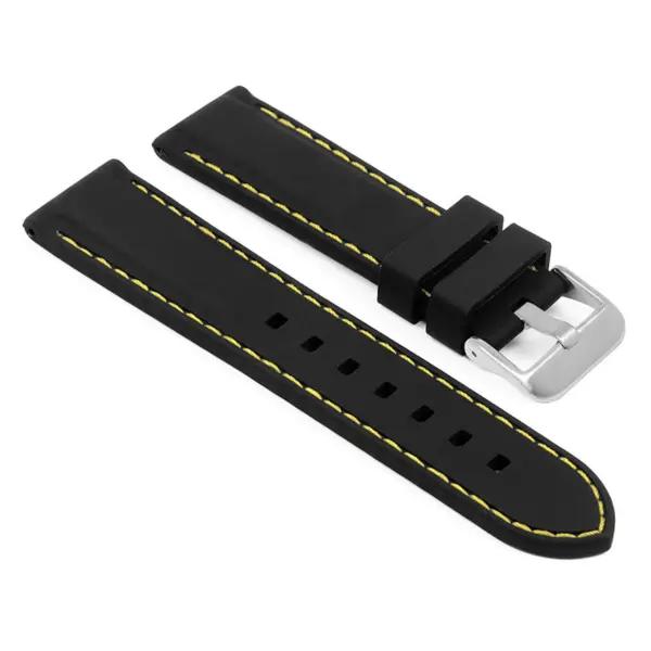 pu1.1.10.bs Main Black Yellow Brushed Silver Buckle StrapsCo Silicone Rubber Divers Watch Band Strap with Contrast Stitching