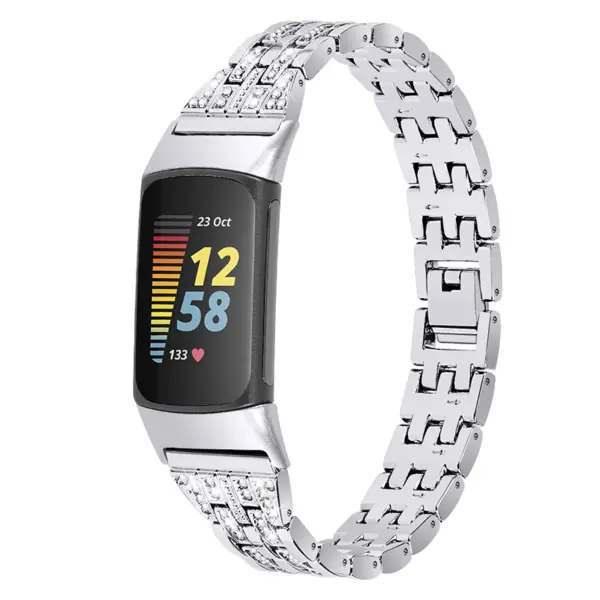 fb.m159.ss Main StrapsCo Slim Rhinestone Bracelet for Fitbit Charge 5 Stainless Steel Womens Strap