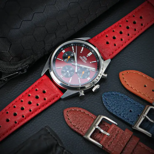 ra6 Flatlay DASSARI Perforated Leather Rally Watch Band Strap 18mm 19mm 20mm 21mm 22mm 24mm