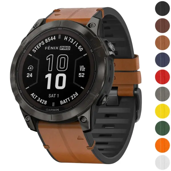 f7.g.r73a Gallery Coffee StrapsCo Leather Hybrid Strap QuickFit 22 Watch Band for Garmin Fenix 7 & 7 Pro