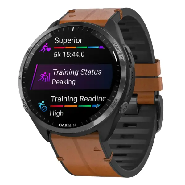 f965.g.r73a.2a Main Coffee StrapsCo Leather Hybrid Strap QuickFit 22 Watch Band for Garmin Forerunner 965