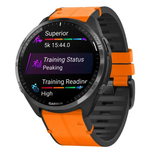 f965.g.r73a.12 Main Tangerine StrapsCo Leather Hybrid Strap QuickFit 22 Watch Band for Garmin Forerunner 965