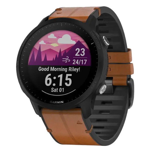 f955.g.r73a.2a Main Coffee StrapsCo Leather Hybrid Strap QuickFit 22 Watch Band for Garmin Forerunner 955