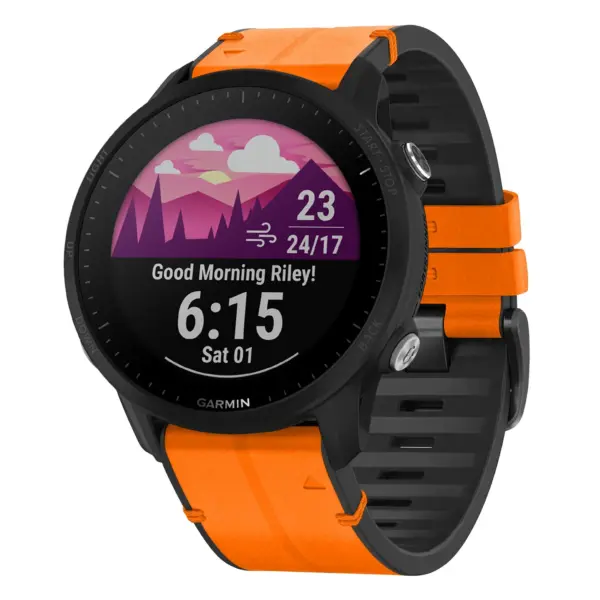 f955.g.r73a.12 Main Tangerine StrapsCo Leather Hybrid Strap QuickFit 22 Watch Band for Garmin Forerunner 955