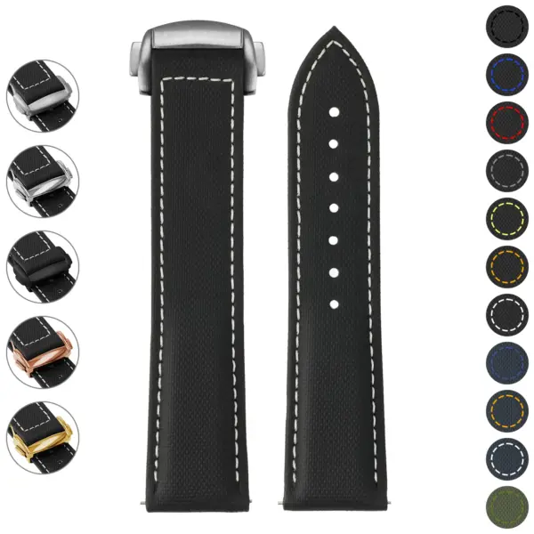 kd5 Gallery Black & White (Brushed Silver Clasp DASSARI Sailcloth Watch Band Strap with Deployant Clasp 19mm 20mm 21mm 22mm