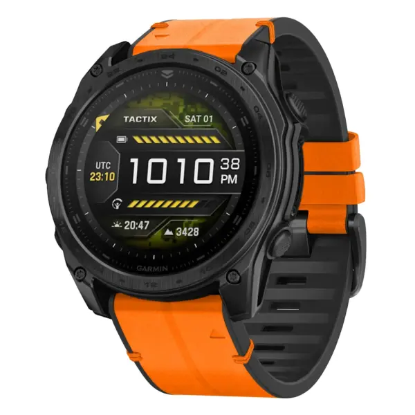 t8.g.r65a.12 Main Tangerine StrapsCo Leather Hybrid Strap QuickFit 26 Watch Band for Garmin Tactix 8 – 51mm