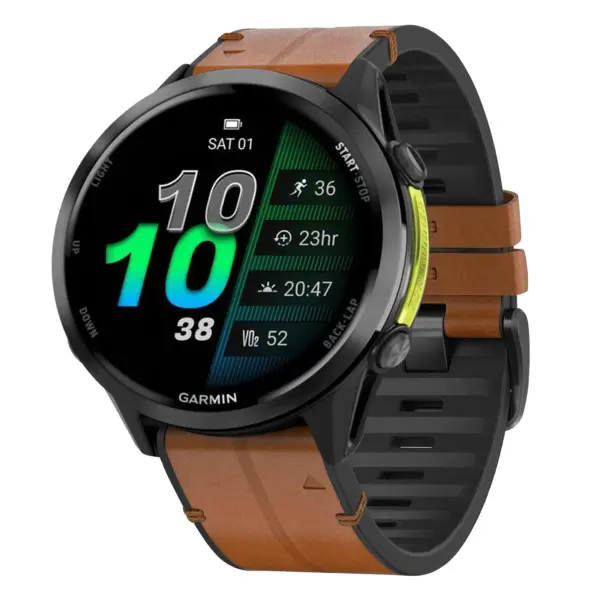 f970.g.r73a.2a Main Coffee StrapsCo Leather Hybrid Strap QuickFit 22 Watch Band for Garmin Forerunner 970