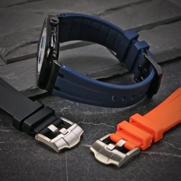 a.r23 Flatlay StrapsCo Men's Vector Band Silicone Strap Stainless Steel Hardware for Apple Watch 44mm 45mm 46mm