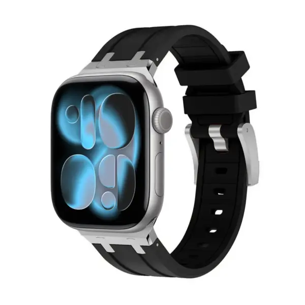 a.r23.1 Front Onyx Silver Adapter StrapsCo Men's Vector Band Silicone Strap Stainless Steel Hardware for Apple Watch 44mm 45mm 46mm