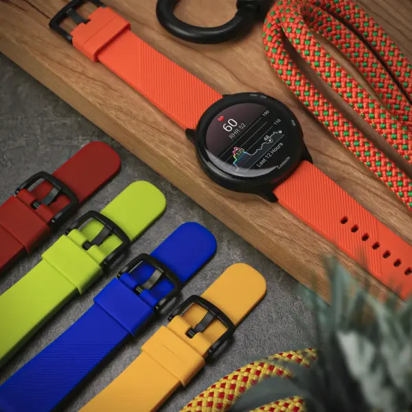 g.r51 Flatlay StrapsCo Active Band with ShieldTek Buckle Silicone Rubber Watch Strap for Garmin Vivoactive Forerunner Venu Approach Vivomove