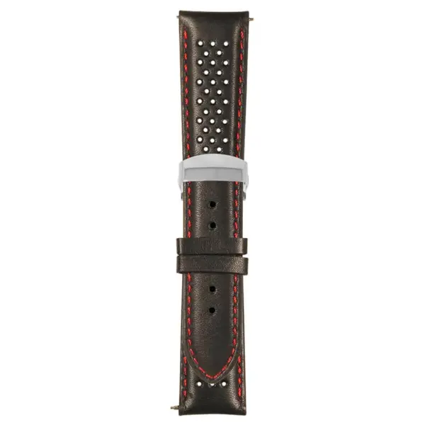 Black and Red Perforated Rally Strap with Deployant Polished Silver Clasp