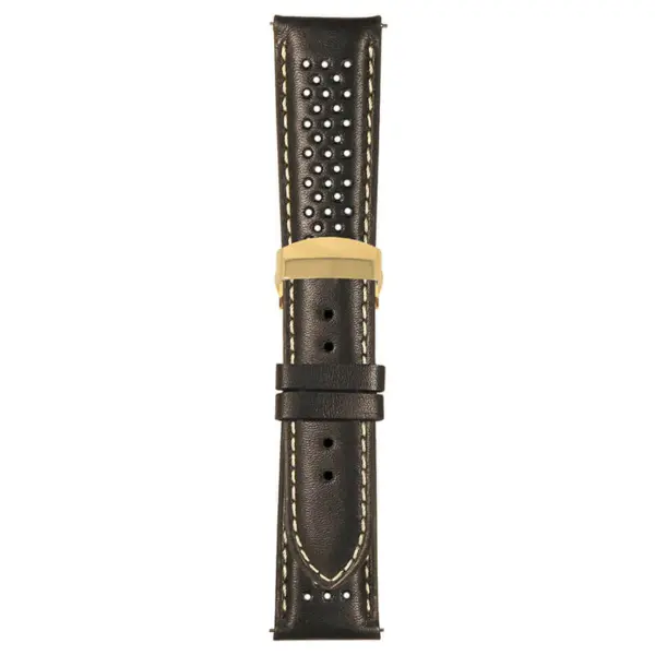 Black and White Perforated Rally Strap with Deployant Yellow Gold Clasp