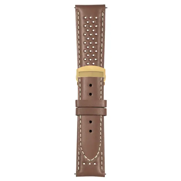 Tan and White Perforated Rally Strap with Deployant Yellow Gold Clasp