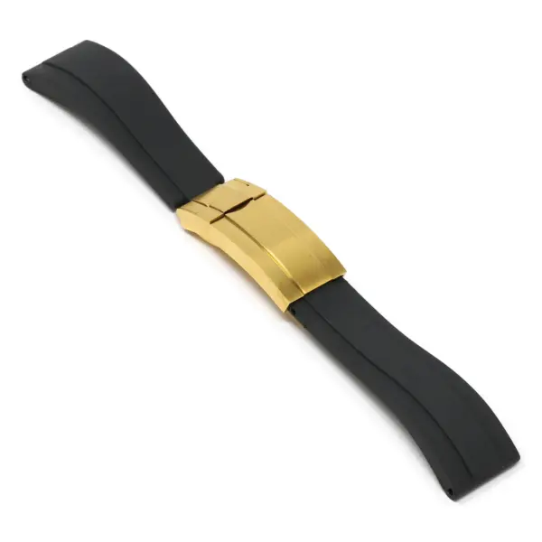 R.rx3.1.yg Angle Black (Yellow Gold Clasp) StrapsCo Silicone Rubber Replacement Watch Band Strap For Rolex With Straight Ends