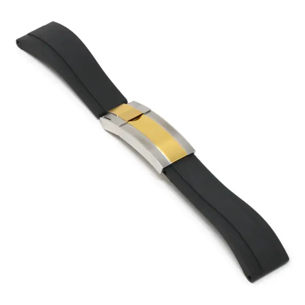 R.rx3.1.ss.yg Angle Black (Silver & Yellow Gold Clasp) StrapsCo Silicone Rubber Replacement Watch Band Strap For Rolex With Straight Ends