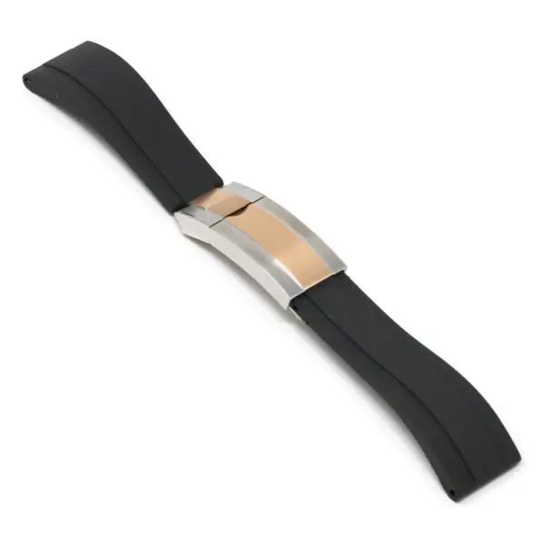 R.rx3.1.ss.rg Angle Black (Silver & Rose Gold Clasp) StrapsCo Silicone Rubber Replacement Watch Band Strap For Rolex With Straight Ends