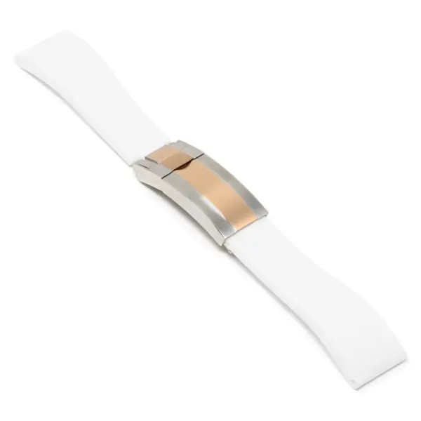 R.rx3.22.ss.rg Angle White (Silver & Rose Gold Clasp) StrapsCo Silicone Rubber Replacement Watch Band Strap For Rolex With Straight Ends