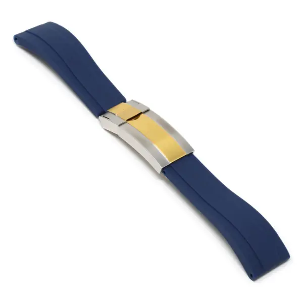 R.rx3.5.ss.yg Angle Blue (Silver & Yellow Gold Clasp) StrapsCo Silicone Rubber Replacement Watch Band Strap For Rolex With Straight Ends
