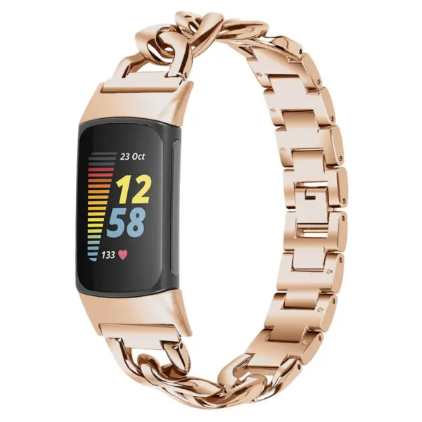 Fb.m156.rg Main Rose Gold StrapsCo Cuban Link Bracelet For Fitbit Charge 5 Stainless Steel Metal Band Strap