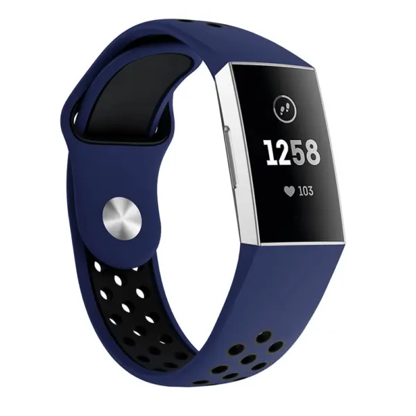 Fb.r34.5.1 Front Blue Black Perforated Silicone Rubber Replacement Watch Band Strap For Fitbit Charge 3