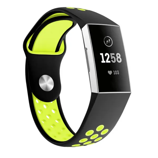 Fb.r34.1.11 Front Black Green Perforated Silicone Rubber Replacement Watch Band Strap For Fitbit Charge 3