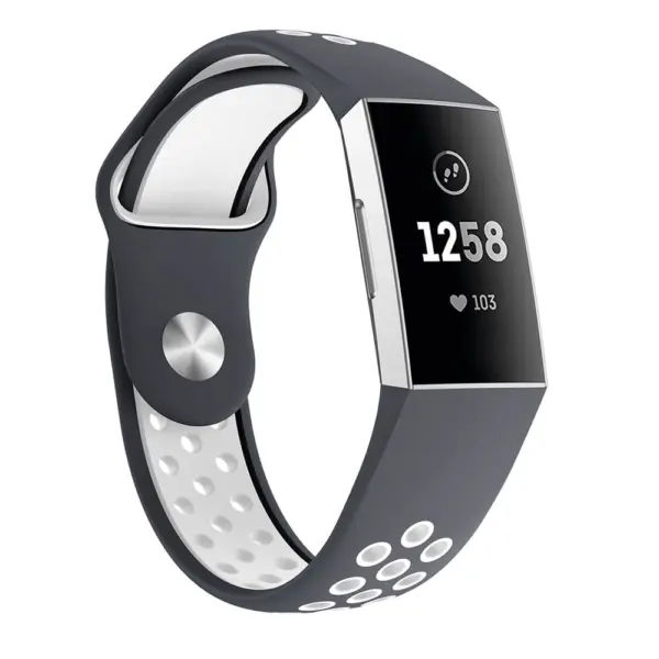 Fb.r34.7.22 Front Grey White Perforated Silicone Rubber Replacement Watch Band Strap For Fitbit Charge 3