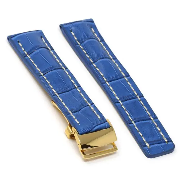 brt11.c.5.22.yg Main Blue With White Stitching Yellow Gold Clasp DASSARI Vantage Padded Crocodile Embossed Leather Watch Band Strap For Breitling 20mm 22mm 24mm