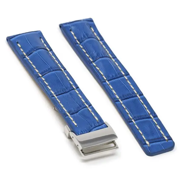 brt11.c.5.22.ss Main Blue With White Stitching Silver Clasp DASSARI Vantage Padded Crocodile Embossed Leather Watch Band Strap For Breitling 20mm 22mm 24mm