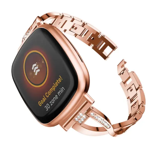 fb.m137.rg Main Rose Gold StrapsCo Metal Alloy and Rhinestone Bracelet with X Links for Fitbit Sense Versa 3