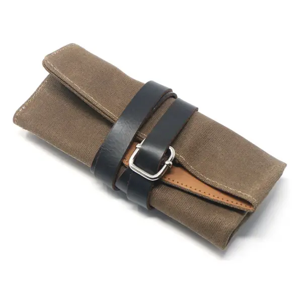 wr6.11 Angle Khaki Interior Tan StrapsCo Waxed Canvas Watch Roll for 4 Watches Nylon Leather