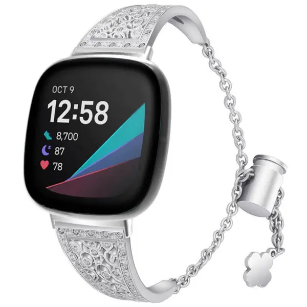 fb.m131.ss Main Silver StrapsCo Cuff Chain Womens Watch Bracelet with Rhinestones for Fitbit Versa 3 Fitbit Sense