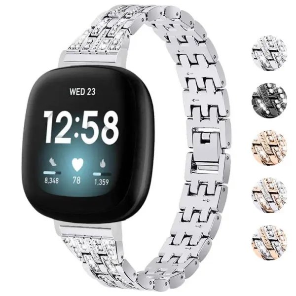 fb.m128.ss Gallery Silver StrapsCo Chain Link Metal Alloy Bracelet Watch Strap with Rhinestones for Fitbit Sense Fitbit Versa