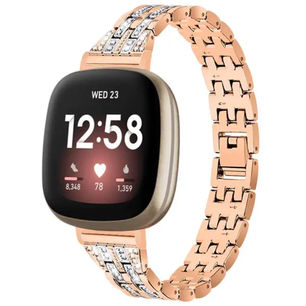 fb.m128.rg .ss Main Rose Gold Silver StrapsCo Chain Link Alloy Bracelet Watch Strap w Rhinestones for Fitbit Sense Fitbit Versa