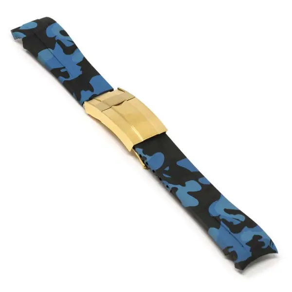 R.rx7.5.yg Angle Blue Camo (Yellow Gold Clasp) StrapsCo Fitted Camo Rubber Watch Band Strap